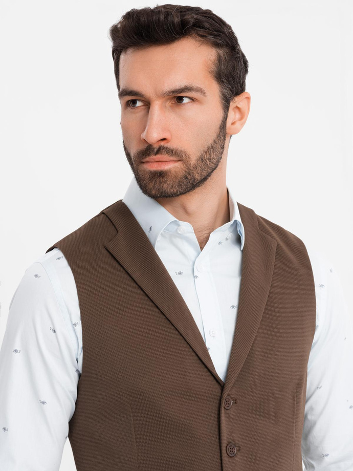 Fitted men's structured knit vest with lapels - brown V2 OM-BLZV-0144