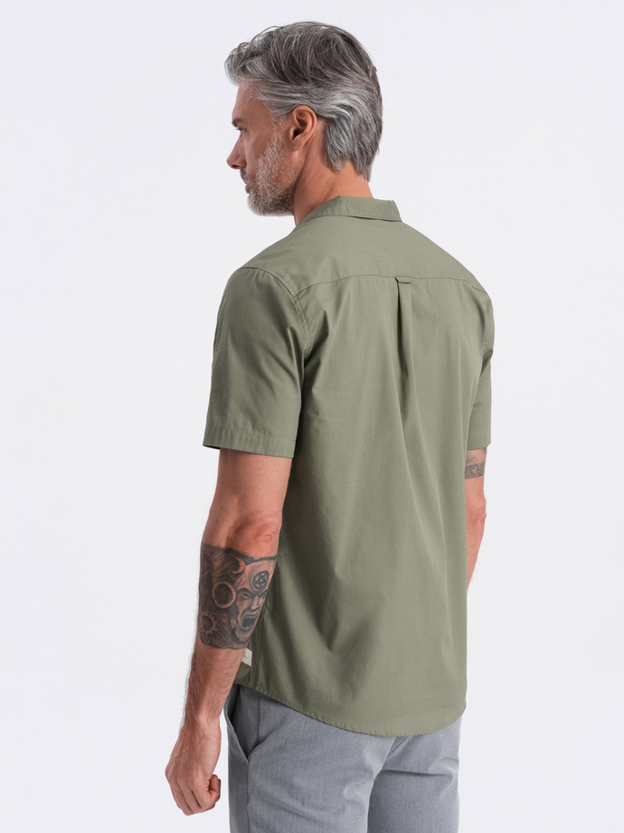 Koszula męska z krótkim rękawem i kubańskim kołnierzem - khaki V4 OM-SHSS-0168