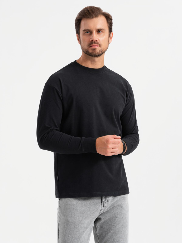Men's LOOSE FIT cotton longsleeve with round neckline - black V1 OM-LSBC-0129