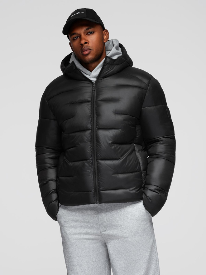 Pikowana kurtka męska puffer z kapturem – czarna V1 OM-JAHP-0235