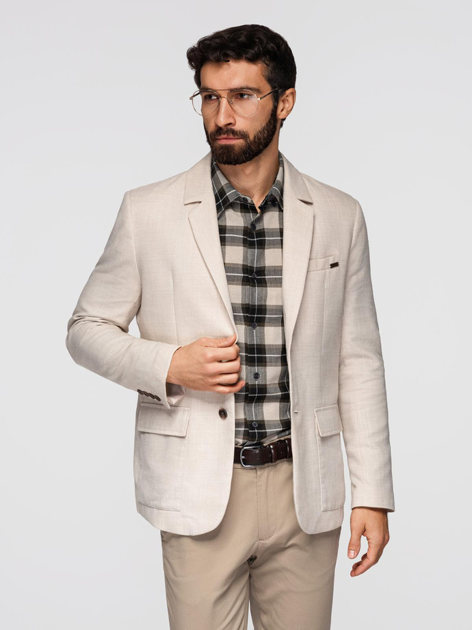 Men's REGULAR cut blazer with linen - cream V1 OM-BLZB-0128