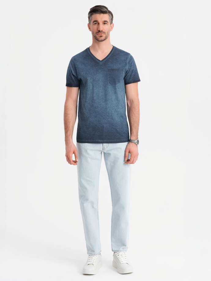 Men's cotton V-neck knit t-shirt with wash effect - navy blue V7 OM-TSWT-0242