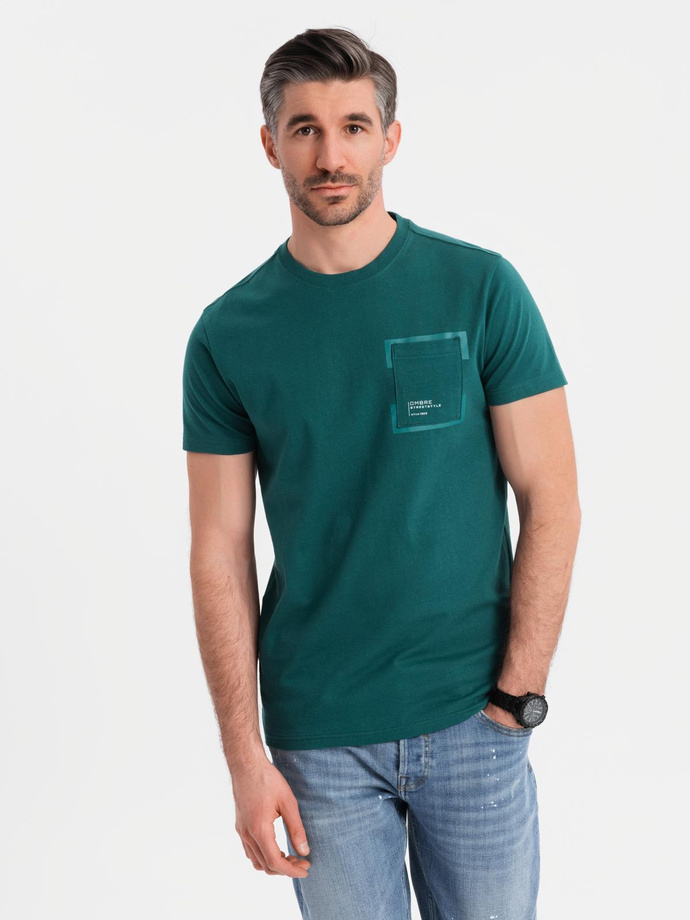 Men's cotton t-shirt with pocket print - dark green V5 OM-TSPT-0154