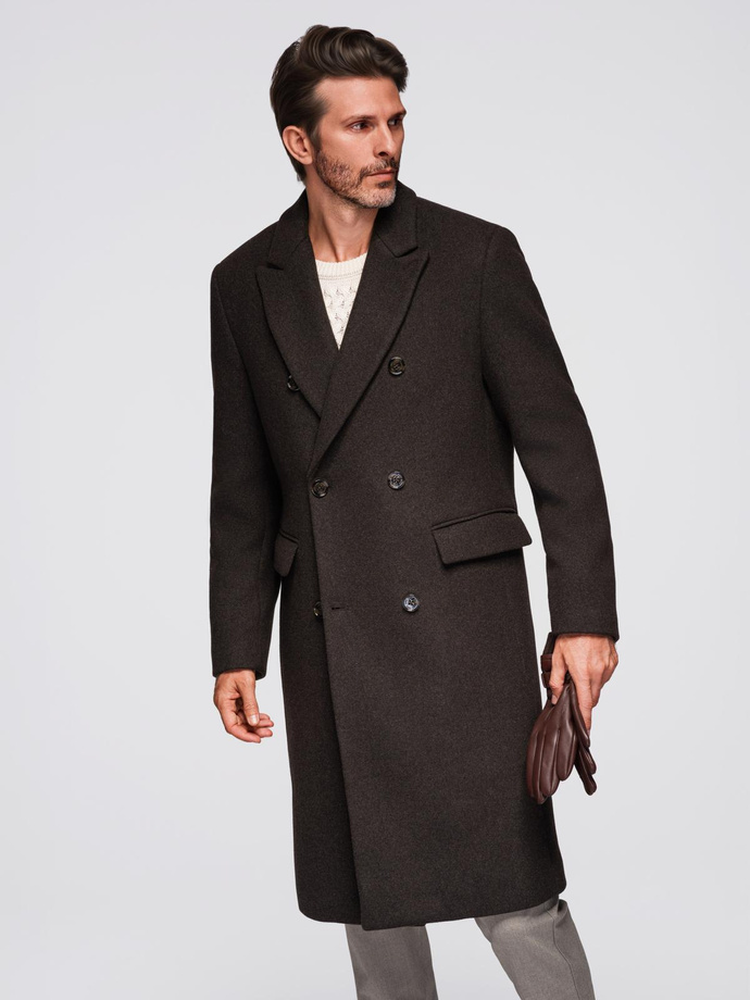 Men's coat with asymmetrical fastening and high collar - light brown V4 OM-COWC-0120