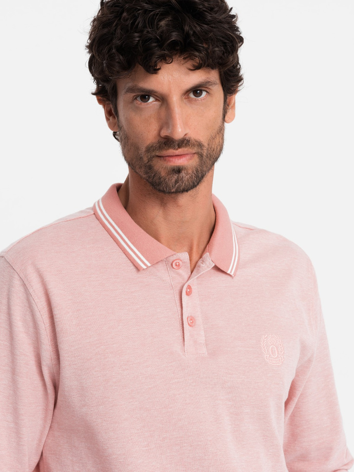 Męski melanżowy longsleeve polo z haftem – różowy melanż V2 OM-POLS-0129
