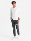 Washowane męskie spodnie jeansowe TAPERED FIT z przetarciami – grafitowe V3 OM-PADP-0163