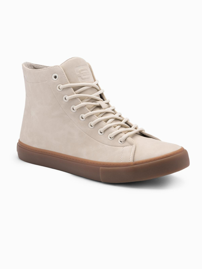 Buty męskie trampki za kostkę z gumową podeszwą – kremowe V1 OM-FOTH-0187 