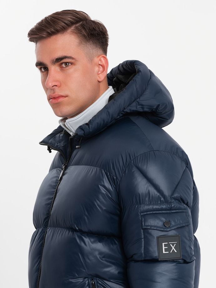 Ciepła kurtka męska puffer ze ściągaczami – granatowa V2 OM-JAHP-0207