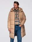Men's quilted long jacket with detachable hood - beige V2 OM-JALJ-0190