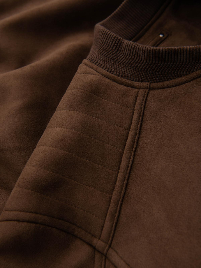 Men's imitation leather jacket with ribbed hem - dark brown V1 OM-JAFL-0109