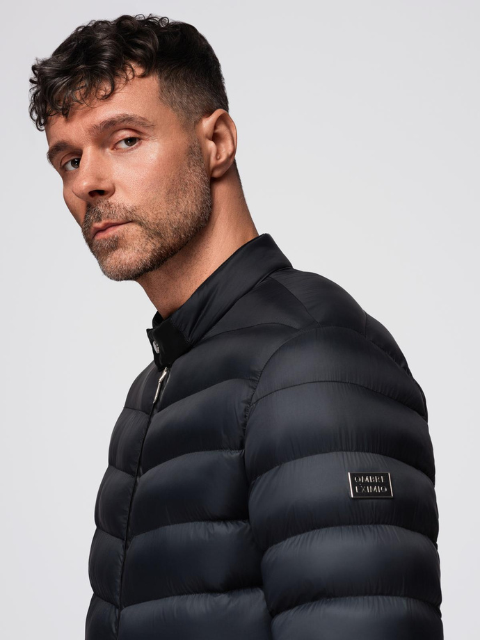 Men's imitation leather jacket with ribbed hem - dark brown V1 OM-JAFL-0109