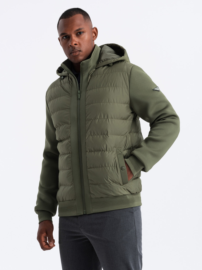 Men's quilted bomber jacket with high collar - dark olive green V3 OM-JALP-0140