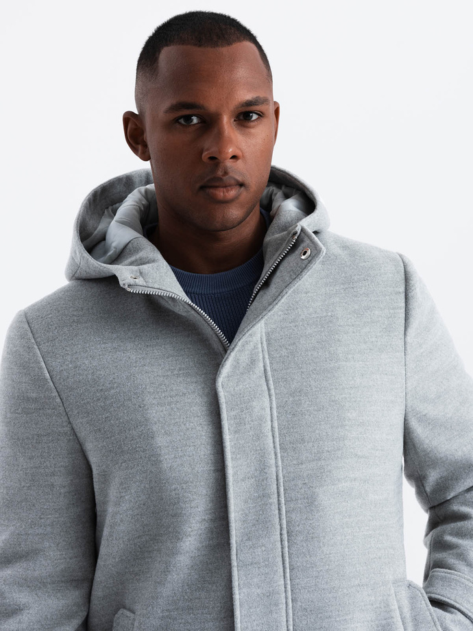 Monochrome long men's hooded coat - grey melange V1 OM-COWC-22FW-005