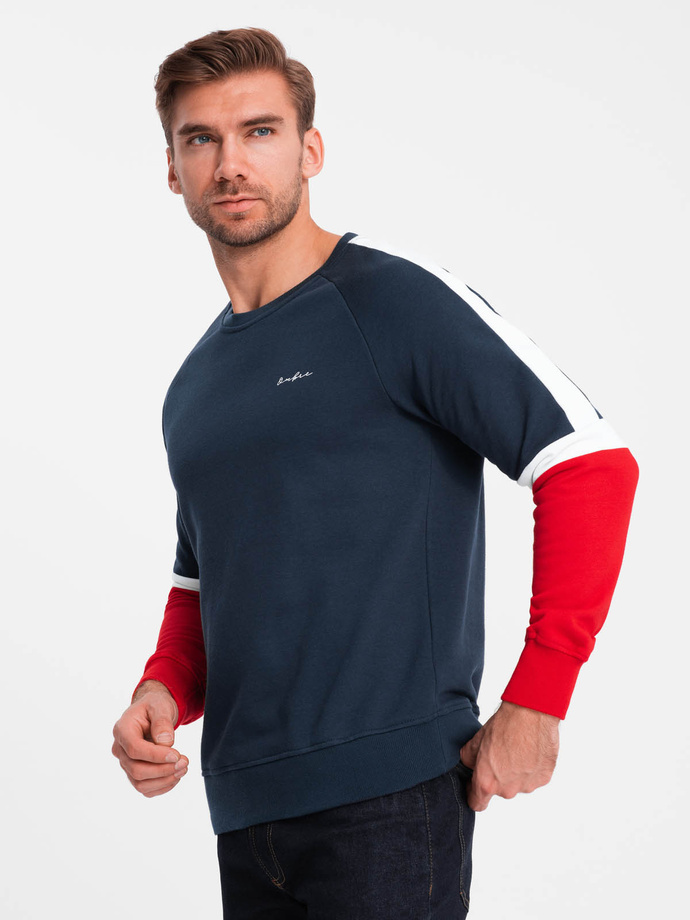 Trójkolorowa męska dresowa bluza z raglanowymi rękawami – granatowa V2 OM-SSNZ-22FW-003