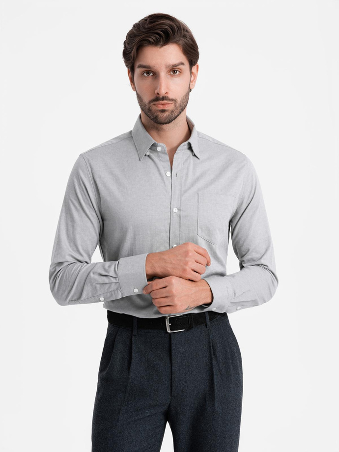 Koszula męska SLIM FIT z ozdobnej tkaniny z kieszonką – szara V2 OM-SHCS-0174