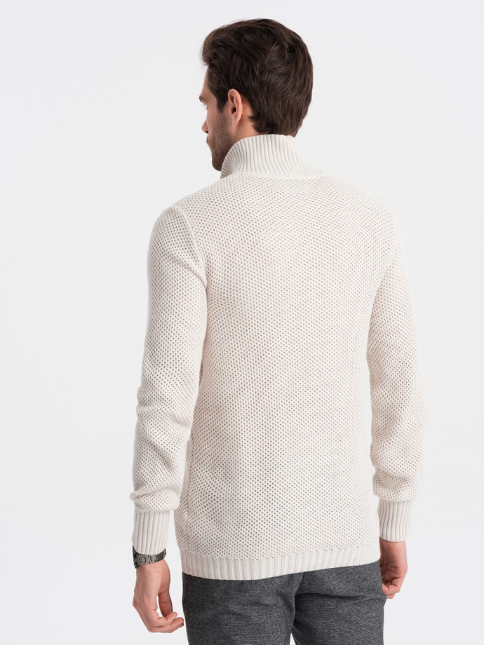 Sweter męski dzianinowy z rozpinaną stójką - kremowy V1 OM-SWZS-0105