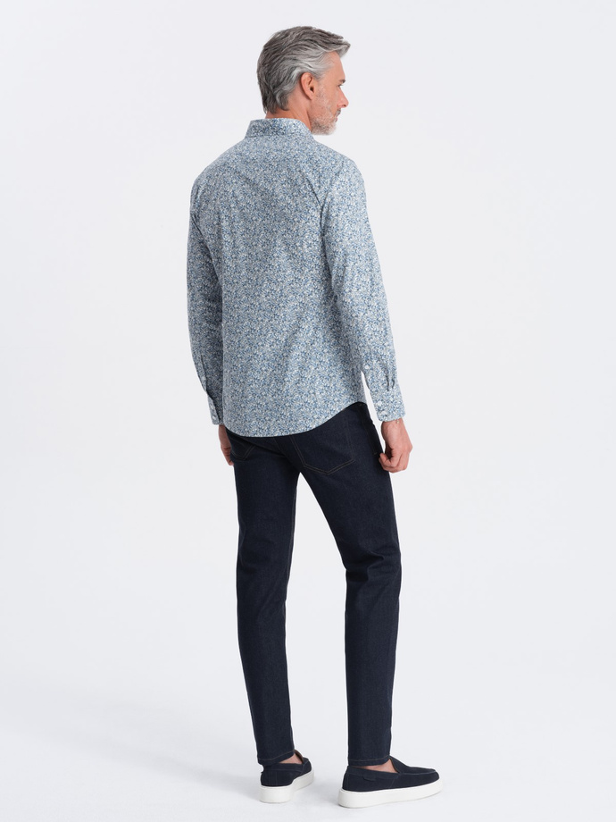 Koszula męska SLIM FIT w print drobnych liści - jasnoniebieska V1 OM-SHPS-0163