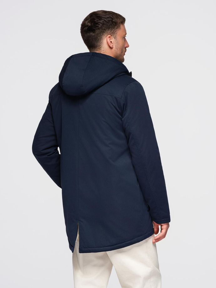 Men's long parka jacket with sheepskin - navy blue V2 OM-JAPJ-0316