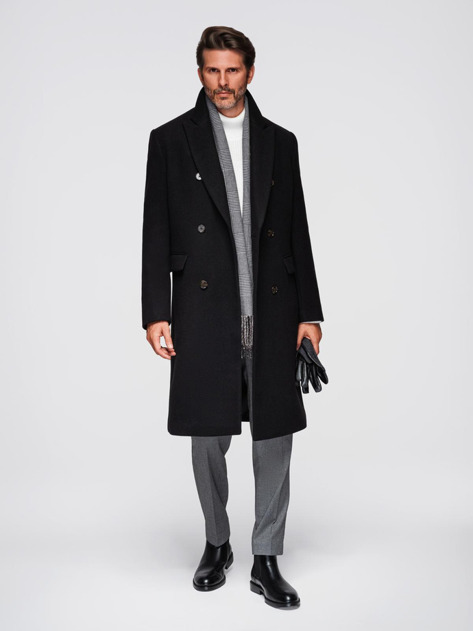 Men's coat with asymmetrical fastening and high collar - light brown V4 OM-COWC-0120