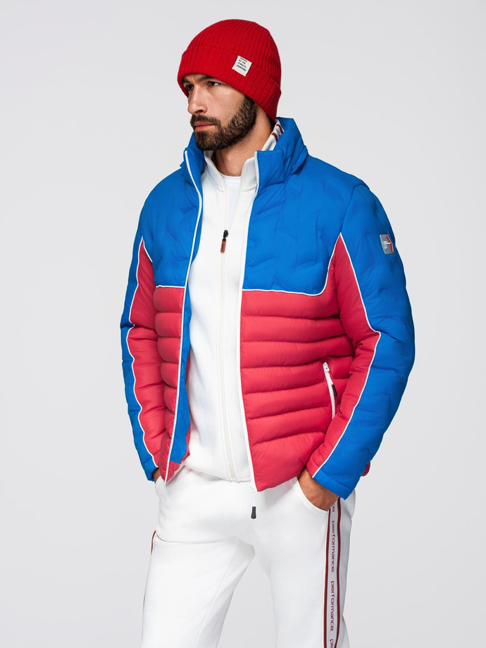 Men's quilted jacket with detachable hood - blue and red V1 OM-JALP-0206
