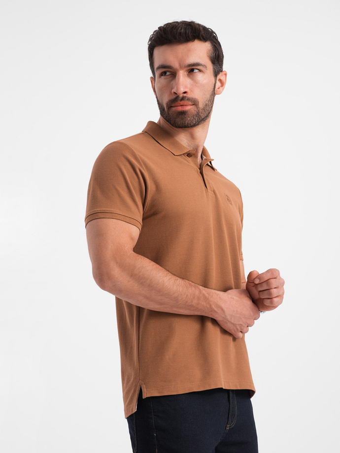 Męska koszulka polo jednokolorowa BASIC z dzianiny pique - brązowa V23 OM-POBS-0100