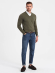 Men's sweater with v-neck with shirt collar - dark olive V5 OM-SWSW-0102