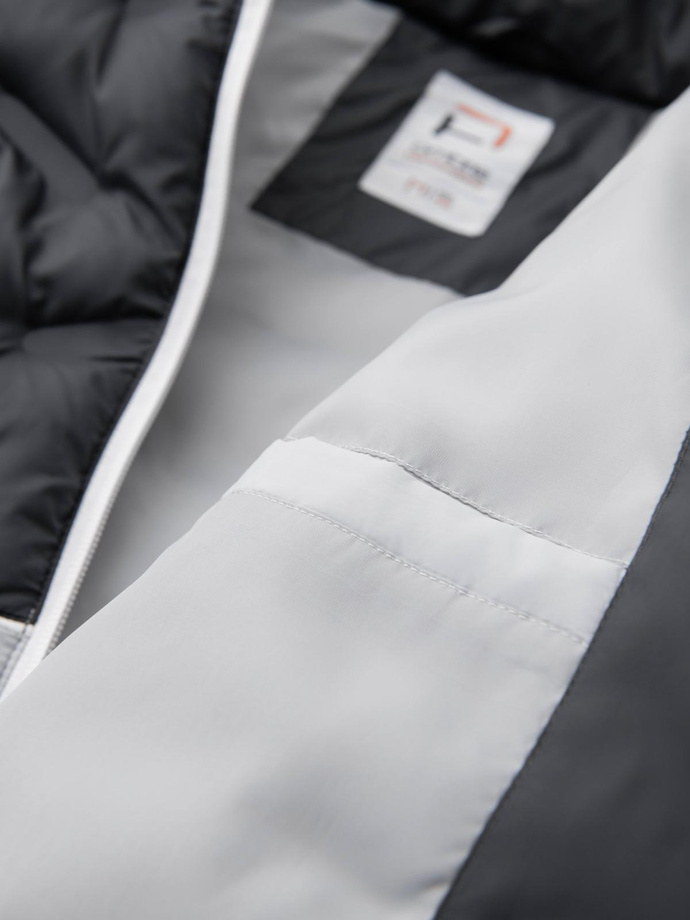 Men's quilted jacket with detachable hood - graphite and white V3 OM-JALP-0206