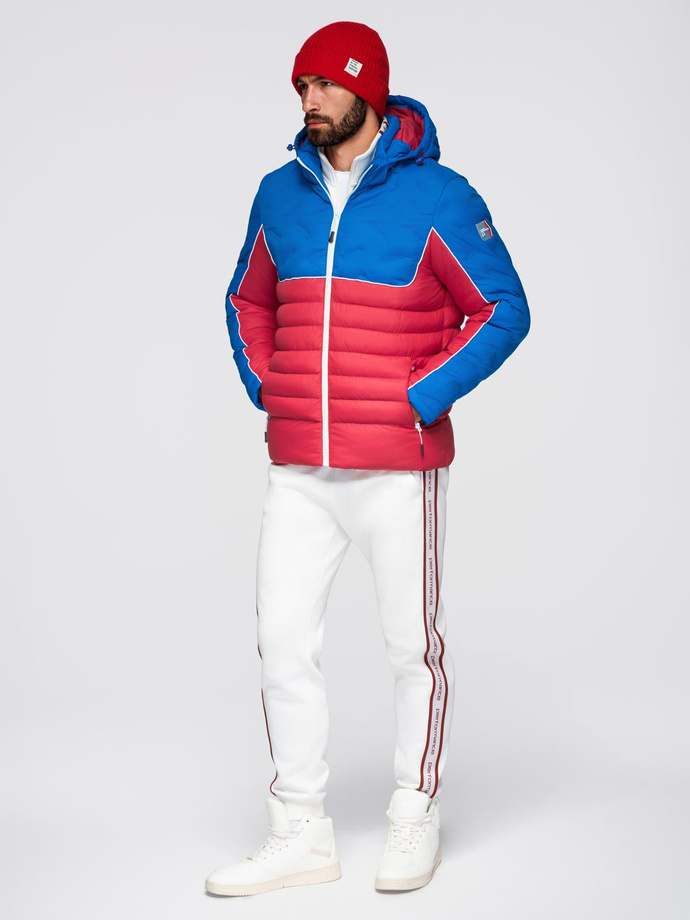Men's quilted jacket with detachable hood - blue and red V1 OM-JALP-0206