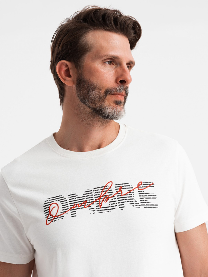 Bawełniany męski t-shirt z podwójnym printowanym logotypem – biały V1 OM-TSPT-0211 