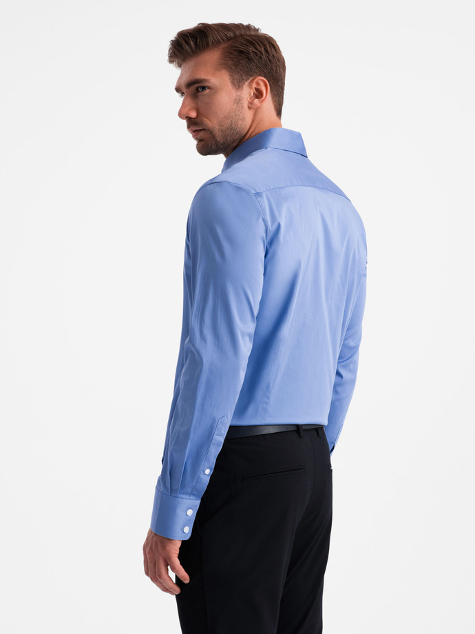 Klasyczna męska koszula SLIM FIT z satynowej tkaniny – niebieska V2 OM-SHOS-0176