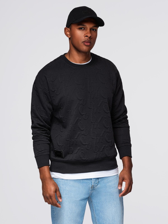 Men's RELAXED FIT sweatshirt with embossed letters - black V1 OM-SSNZ-0164