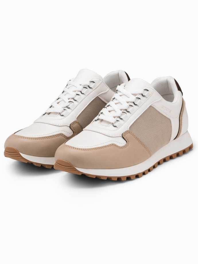 Patchworkowe męskie buty sneakersy z łączonych materiałów – biało-piaskowe V1 OM-FOSL-0144