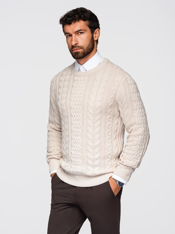 Elegant men's sweater with interesting weave - ecru V1 OM-SWSW-0173