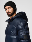 Warm men's puffer jacket with welts - navy blue V2 OM-JAHP-0207