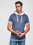 Men's hooded cotton t-shirt - dark blue melange V12 OM-TSCT-0256