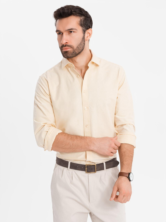Pastelowa bawełniana męska koszula typu oxford – jasnożółta V3 OM-SHOS-0183