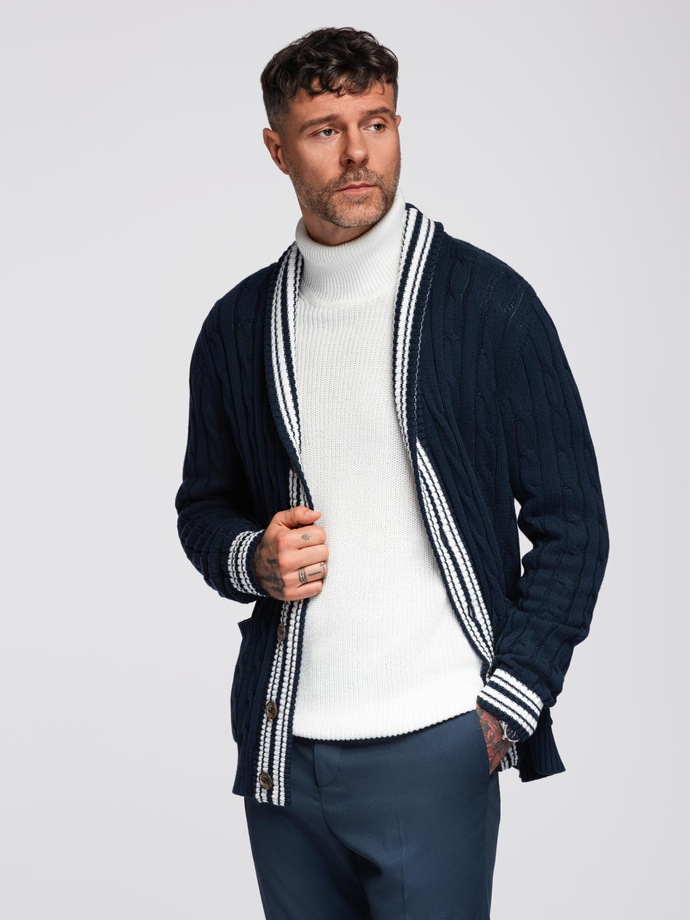 Knitted monochrome men's viscose cardigan - navy blue V1 OM-SWCD-0126