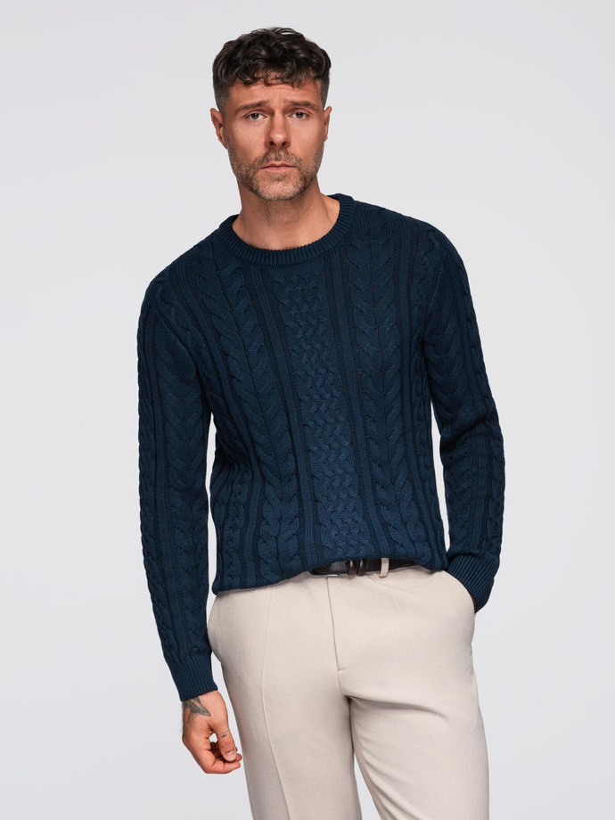 Męski elegancki sweter z ciekawym splotem – granatowy V5 OM-SWSW-0173