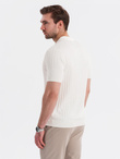 Męska koszulka polo z wiskozą SLIM FIT w pionowy prążek – złamana biel V3 OM-POSS-0143