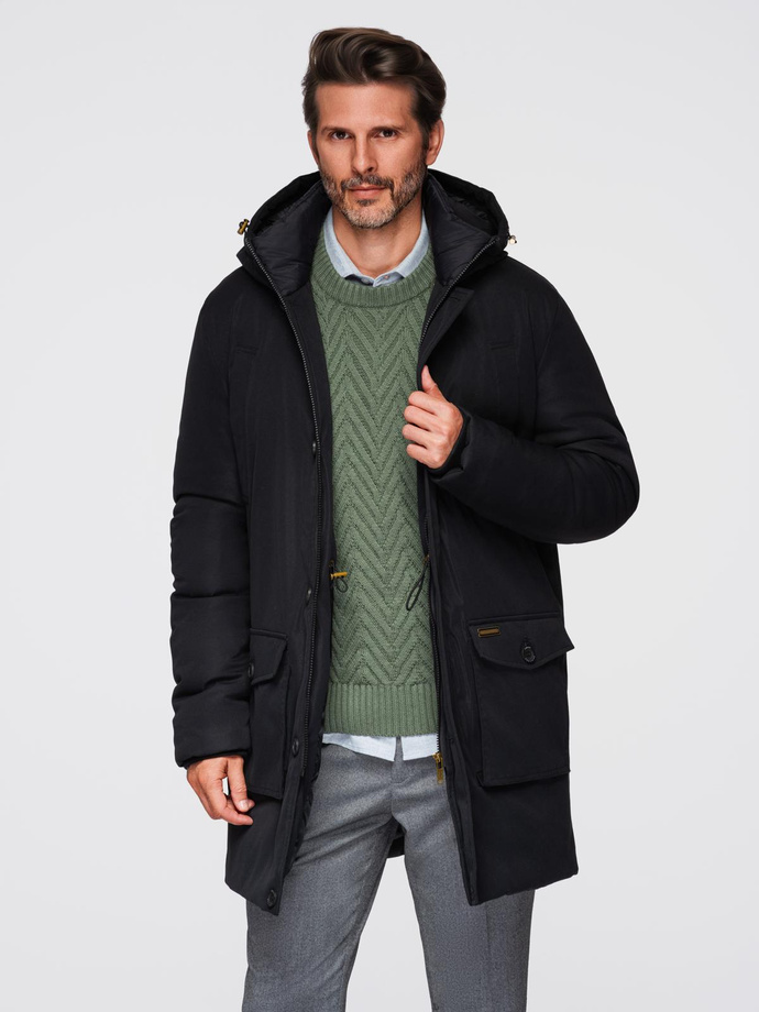 Elegant men's parka with cargo pockets and hood - black V1 OM-JAPJ-0287