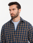 Męska flanelowa koszula w kratę SLIM FIT - granatowo-pomarańczowa V1 OM-SHCS-0145