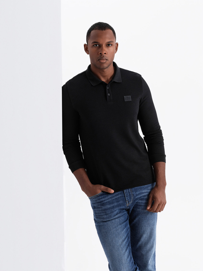 Strukturalny męski longsleeve polo z naszywką – czarny V1 OM-POLS-0131