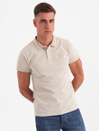 Men's melange polo shirt with striped collar - sand V4 OM-POSS-0109