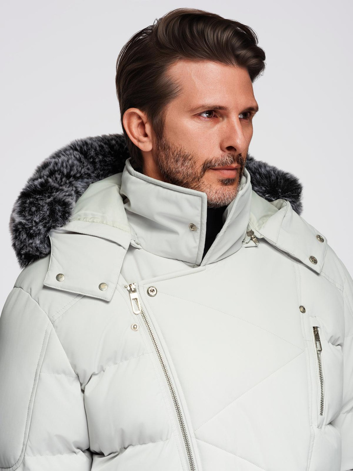 Men's quilted jacket with hooded ramonesque cut - light grey V4 OM-JAHP-0252