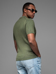 Męska koszulka polo z wiskozą SLIM FIT w pionowy prążek – oliwkowa V4 OM-POSS-0143