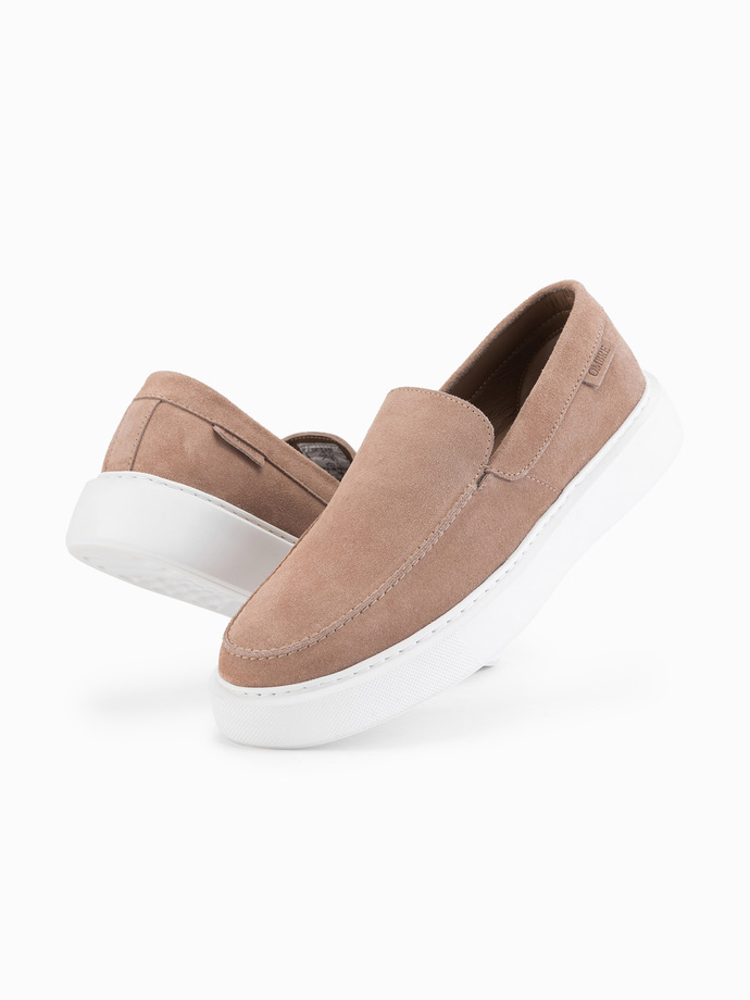 Zamszowe męskie półbuty slip on na grubej podeszwie – jasnobrązowe V3 OM-FOCS-0152