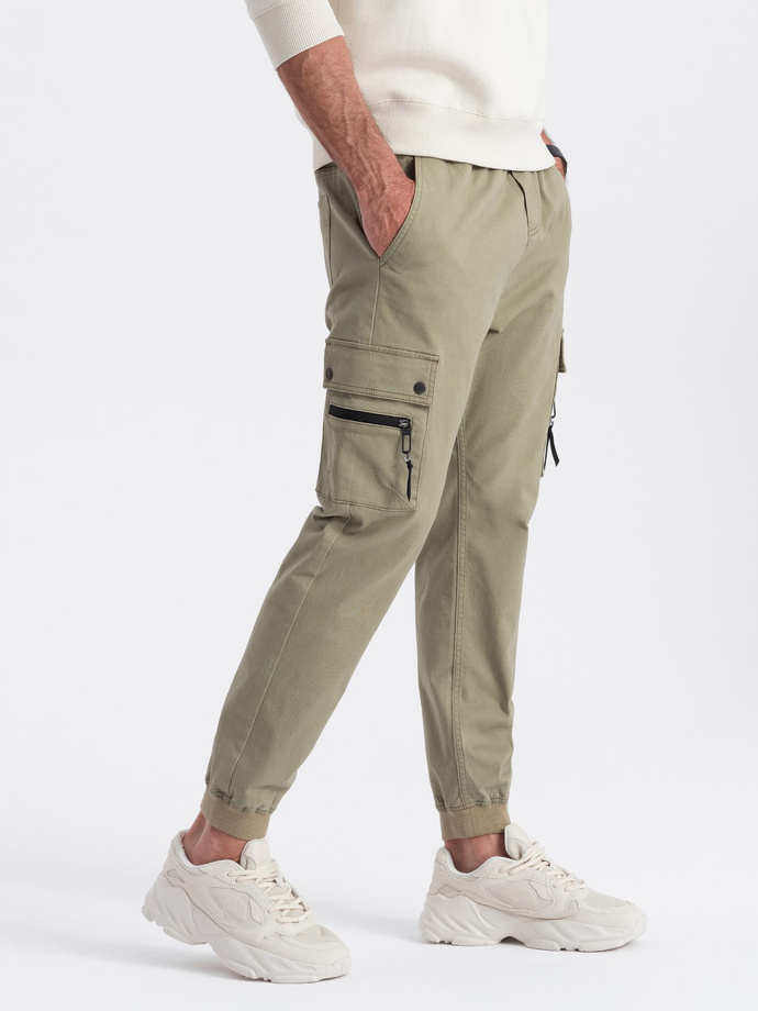 Men's JOGGER pants with zippered cargo pockets - khaki V1 OM-PAJO-0125