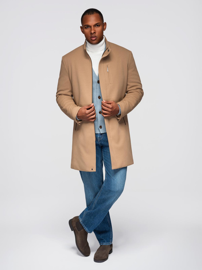 Men's coat with asymmetrical fastening and high collar - light brown V4 OM-COWC-0120