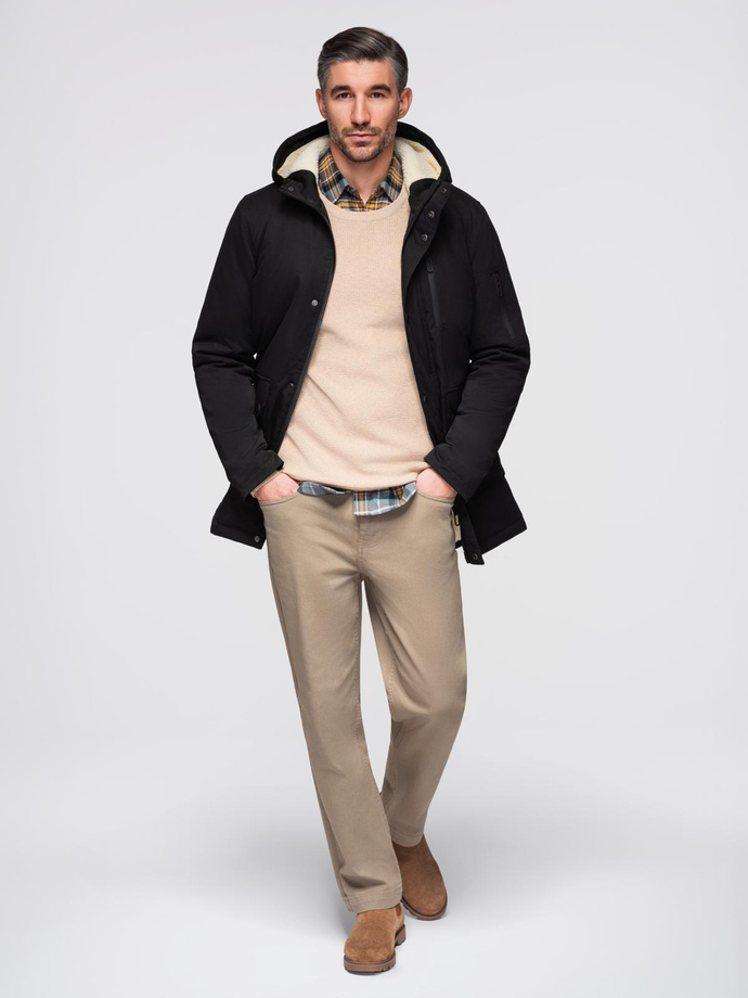 Men's long parka jacket with sheepskin - black V4 OM-JAPJ-0316