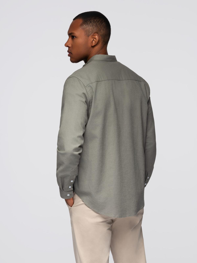 Men's linen shirt with stand-up collar and pocket REGULAR FIT - khaki V6 OM-SHCS-0161